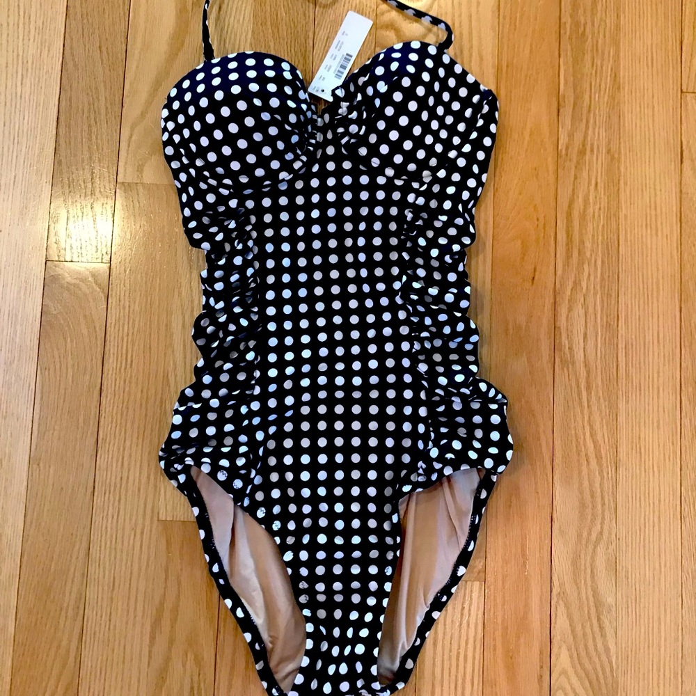J Crew One Piece Ruched Polka Dot Swimsuit. Sz 0. Navy/White. Vintage look. NWT